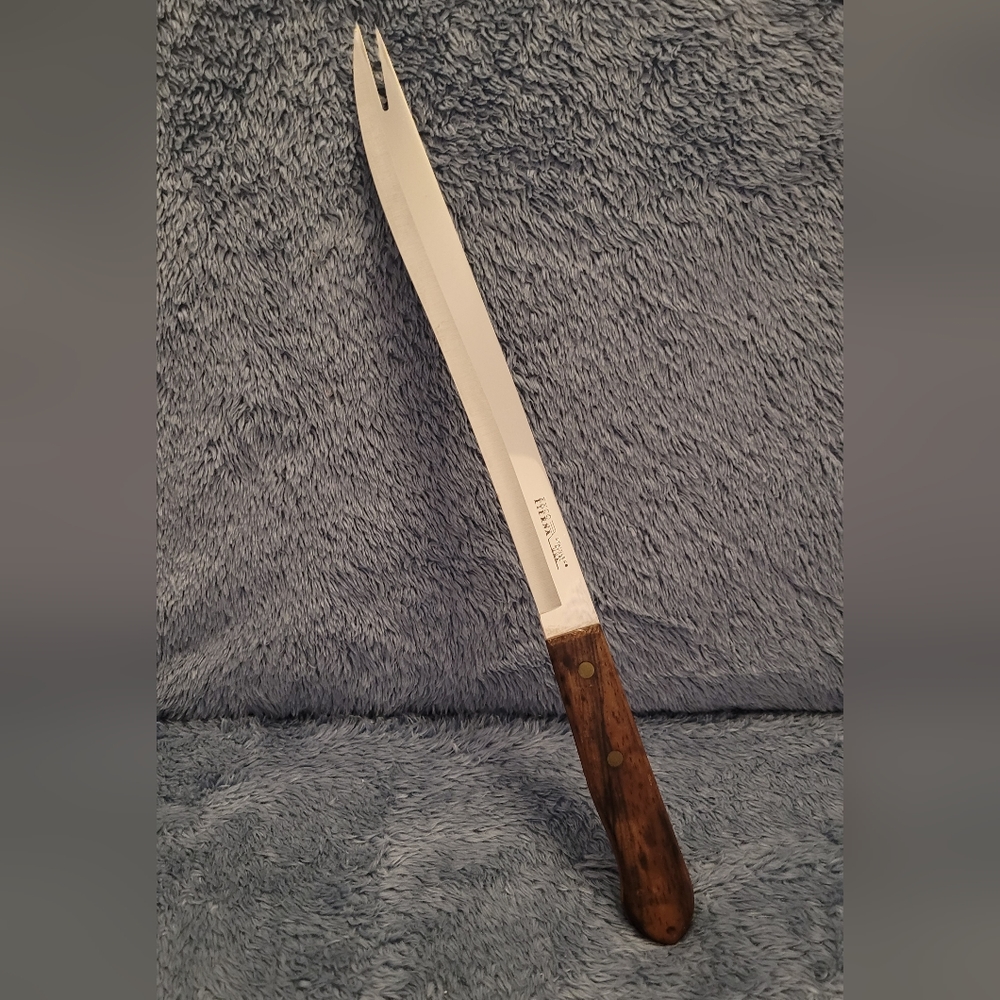 Ekco‎ Eterna 2 Prong Vintage Fork Tip Slicer Knife 9" Blade Wood Riveted Handle